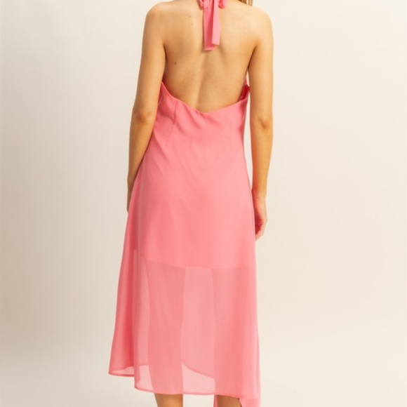 NWT HYFVE Pink Chiffon Halter Dress with Rose Detail - Asymmetrical Hem, S-L - Picture 3 of 5